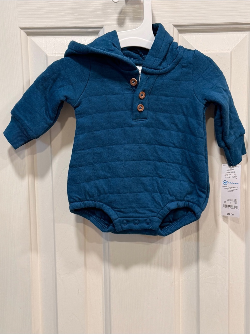 Carter's Teal Blue Quilted Cotton Hooded Long Sleeve Henley Snap Bodysuit